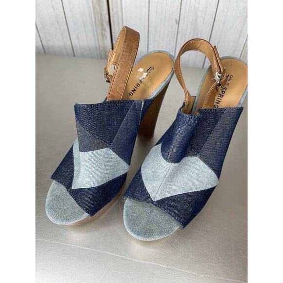 Call It Spring Blue Denim Open Toe Ankle Strap Patchwork Platform Size 9 - Picture 2 of 6